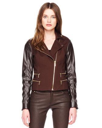 Women's Michael Kors Leather-sleeve Zipper Jacket