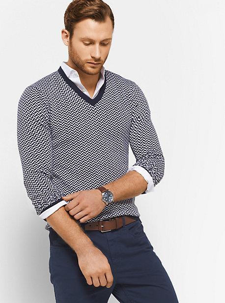 Michael Kors Mens Herringbone Merino Wool V-neck Pullover