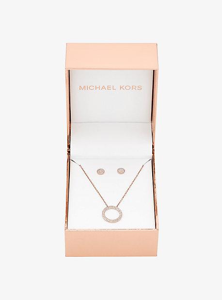 Michael Kors Pave Rose Gold-tone Pendant Necklace And Earrings Set