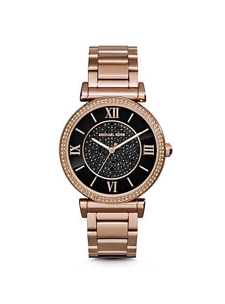 Michael Kors Catlin Pave Onyx And Rose Gold-tone Watch