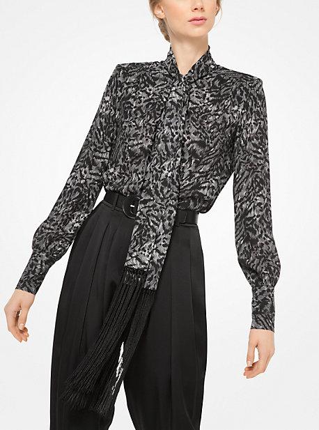 Michael Kors Collection Fringed Tiger Silk-georgette Scarf Blouse