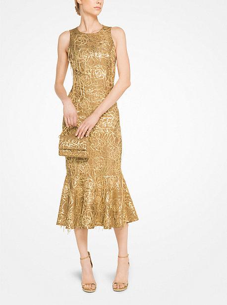 Michael Kors Collection Embroidered Rose Medallion Silk Jacquard Trumpet Dress