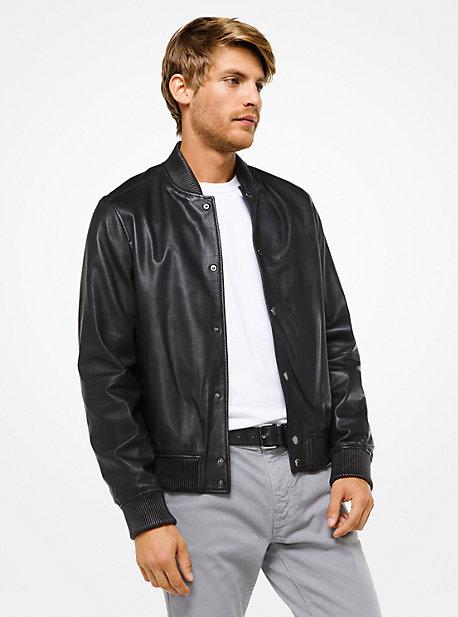 Michael Kors Mens Perforated Leather Bomber Jacket