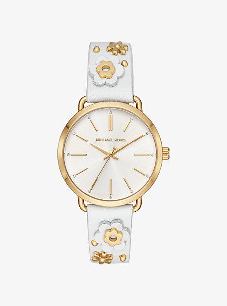 Michael Kors Portia Floral Applique Leather And Gold-tone Watch