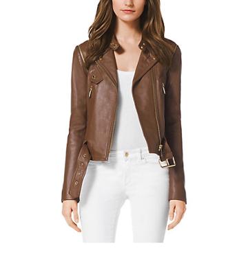 Michael Kors Leather Moto Jacket In Brown