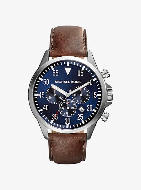 Michael Kors Gage Leather-strap Silver-tone Stainless Steel Watch