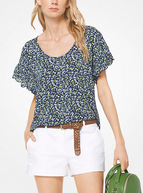 Michael Michael Kors Floral Crepe Flounce-sleeve Top