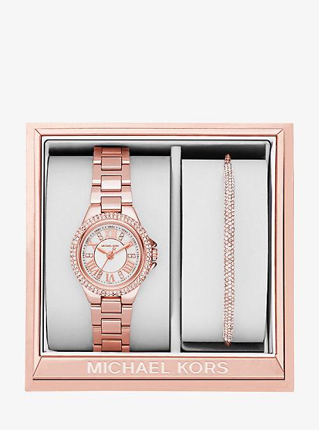 Michael Kors Petite Camille Rose Gold-tone Watch And Slider Bracelet Set