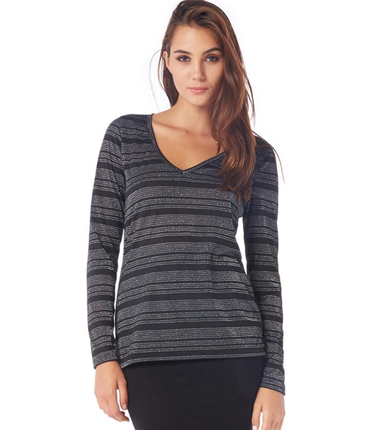 Michael Stars Lurex Stripe Long Sleeve V-neck Top