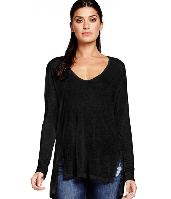 Michael Stars Lurex Fleck Long Sleeve Soft V-neck Hiow With Forward Slits