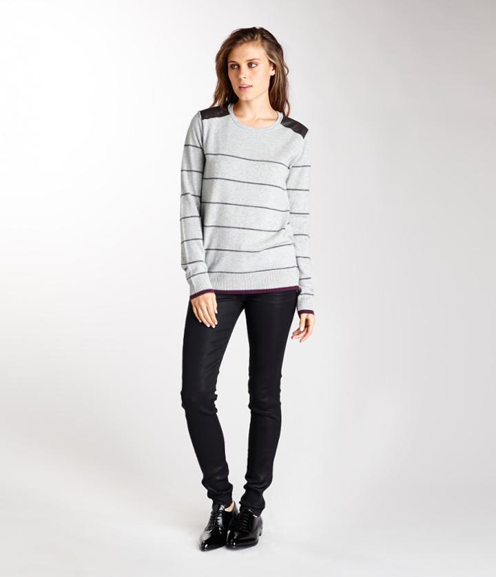 Michael Stars Stripe Crew Neck W/leather Sleeves