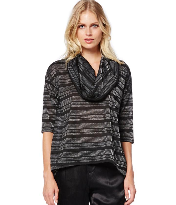 Michael Stars Lurex Stripe 3/4 Sleeve Cowl Neck Top