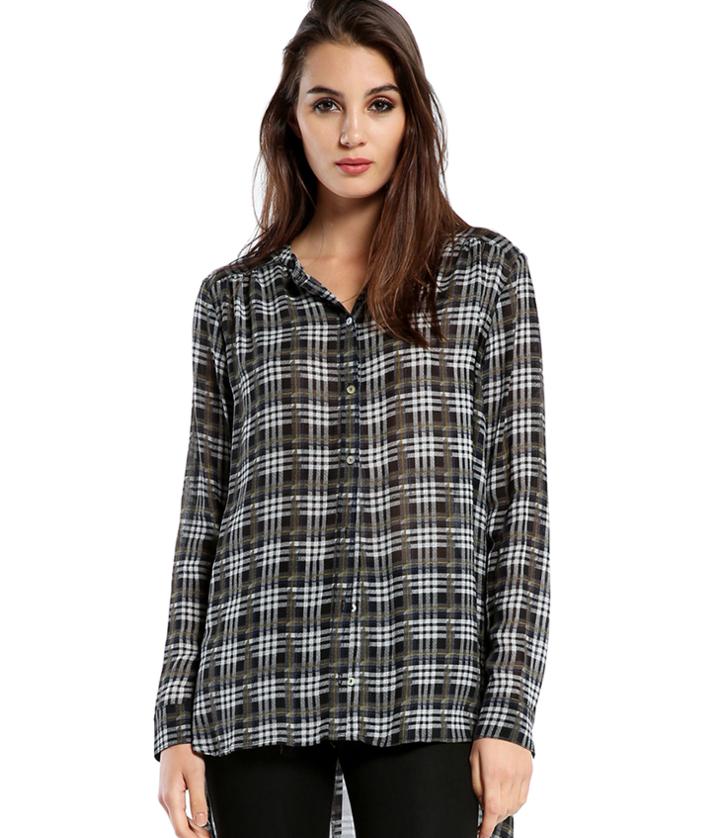 Michael Stars Plaid Print Georgette Hiow Button Up Shirt