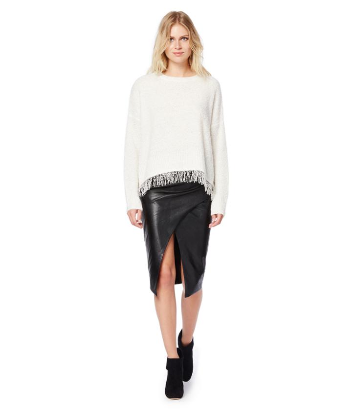 Michael Stars Boucle Crew Neck Sweater With Fringe