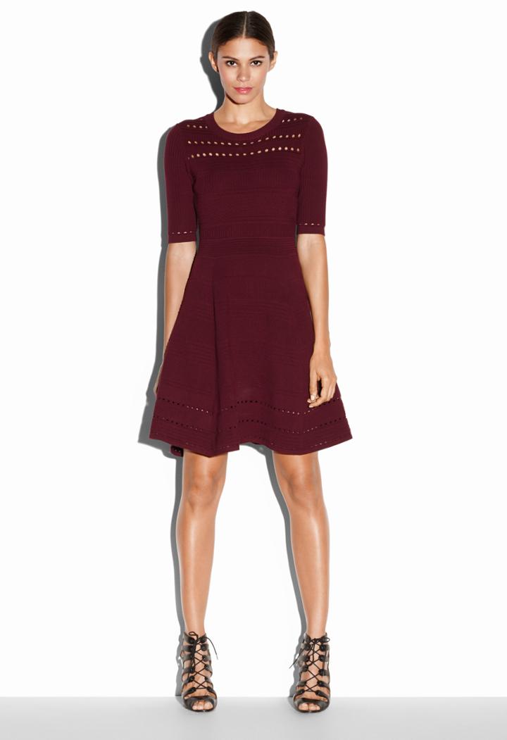 Milly Textured Stitch Flare Dress - Burgundy