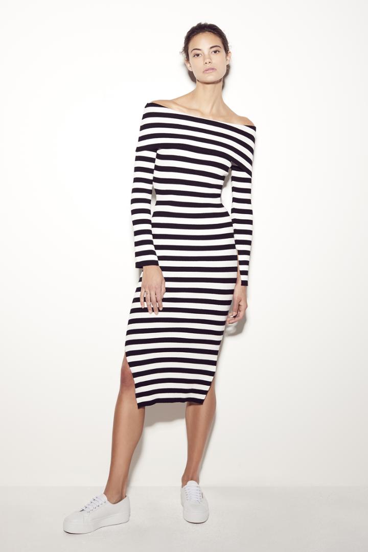 Milly Off The Shoulder Rib Dress - Black/ White