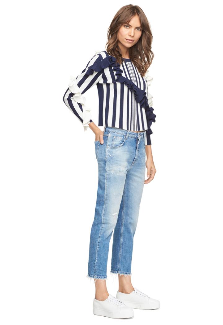 Milly Abstract Ruffle Pullover - Navy/ White