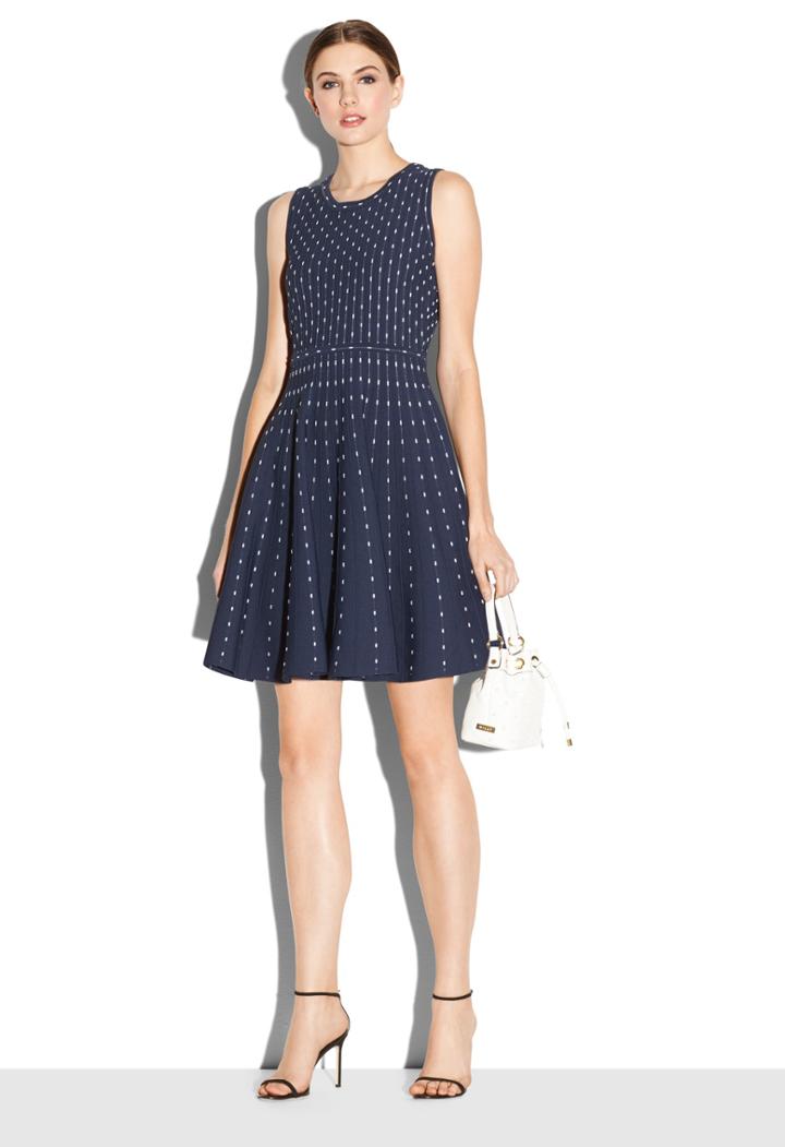 Milly Vertical Dot Flare Dress - Navy/ Ivory
