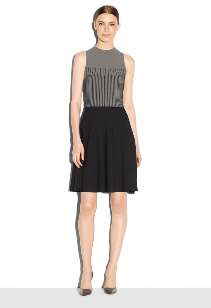 Milly High Neck Ottoman Flare Dress - Grey/black