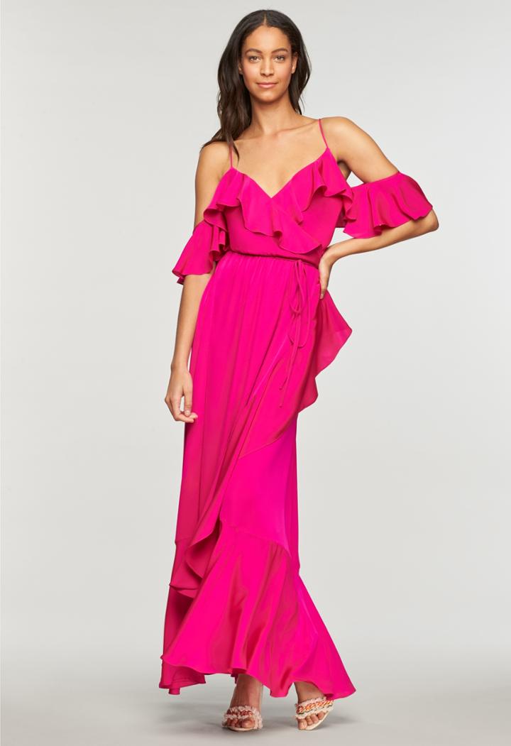Milly Stretch Silk Ruffle Wrap Gown