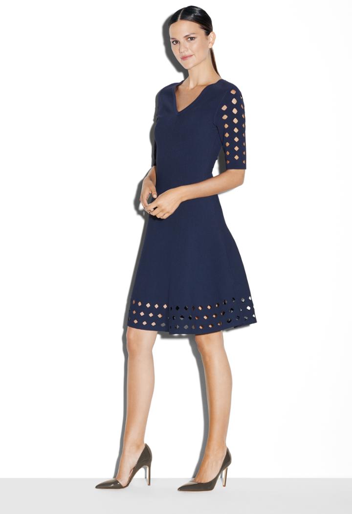 Milly Diamond Pointelle Flare Dress - Navy