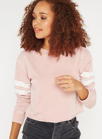 Miss Selfridge Womens Pink Stripe Sleeve Crop Sweatshirt