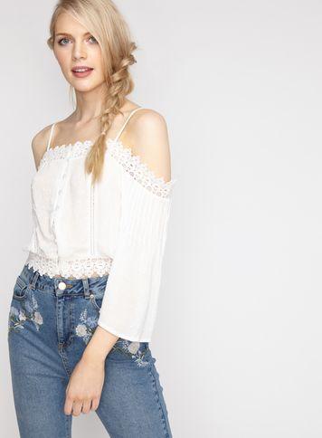 Miss Selfridge Womens Ivory Lace Cold Shoulder Top