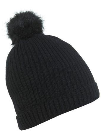Black Faux Fur Pom Knit Hat