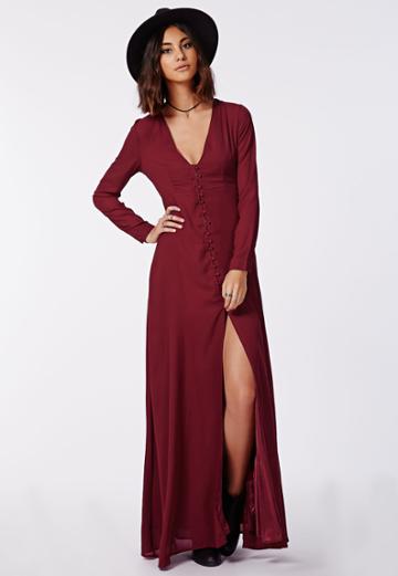 Missguided Long Sleeve Maxi Dress Burgundy