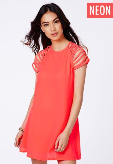 Missguided Neon Coral Neon Coral Caged Sleeves Swing Dress