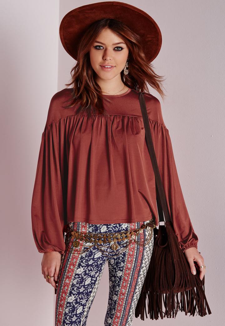Missguided Tie Cuff Slinky Peasant Top Terracotta