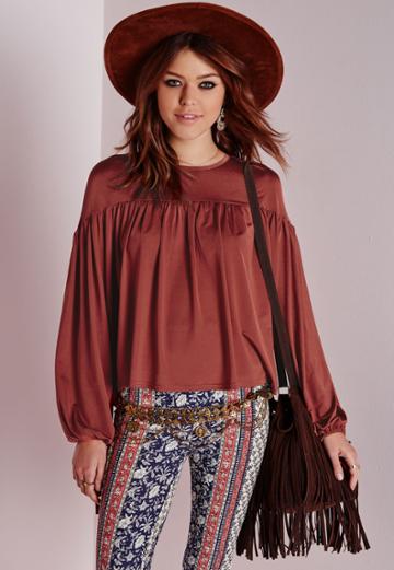 Missguided Tie Cuff Slinky Peasant Top Terracotta