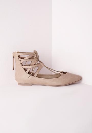 Missguided Lace Up Pointed Flats Nude