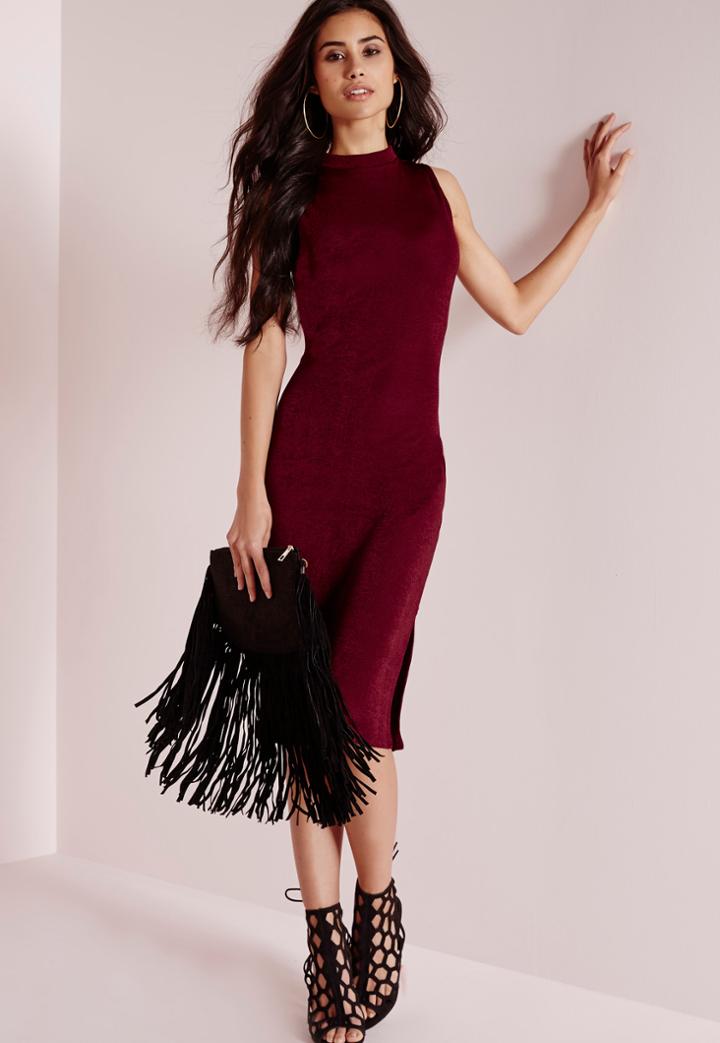 Missguided High Neck Knit Midi Dress Burgundy