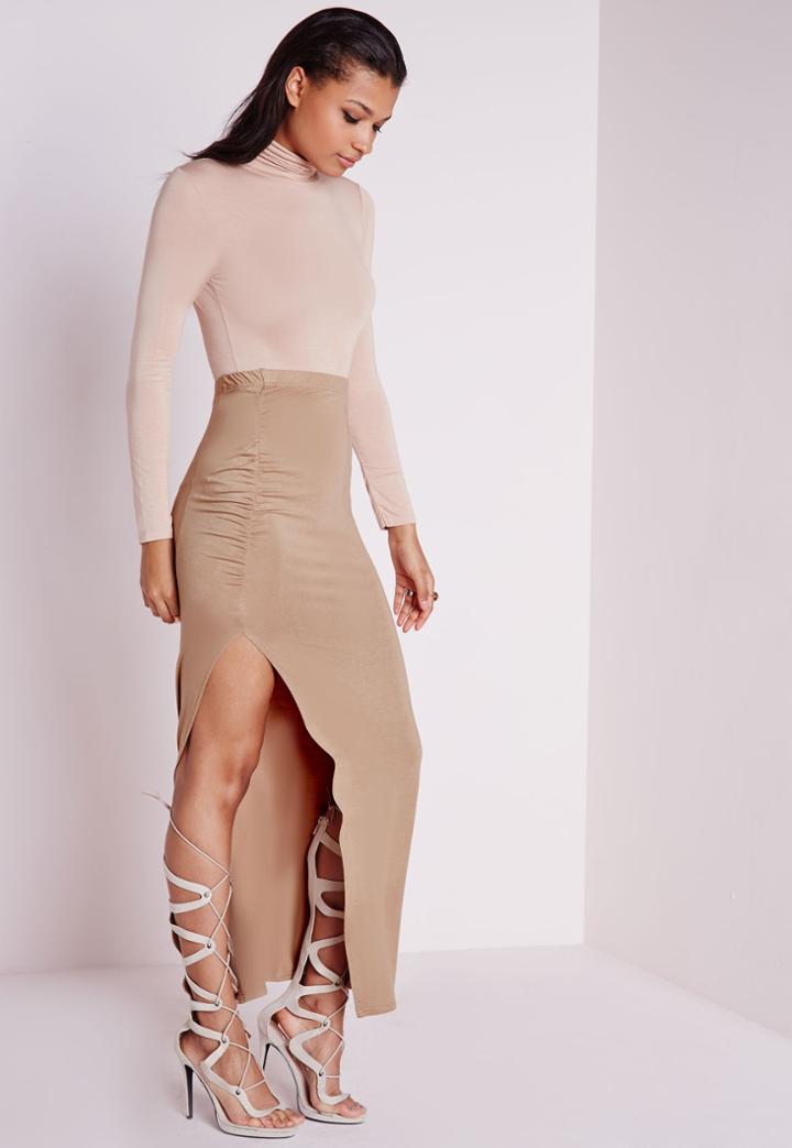 Missguided Ruched Side Split Maxi Skirt Camel