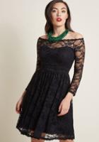 Modcloth Off-shoulder Lace A-line Dress In Black In Xs