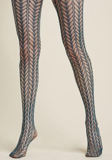  When It Comes To Pattern And Texture, You're All Over It With These Sheer Tights! Decorated With Leaf-like Chevron Stripes And Donning A Deep Teal Hue, This Eye-catching Pair Marks You As The Most Moxie-filled Fashionista On The Scene.