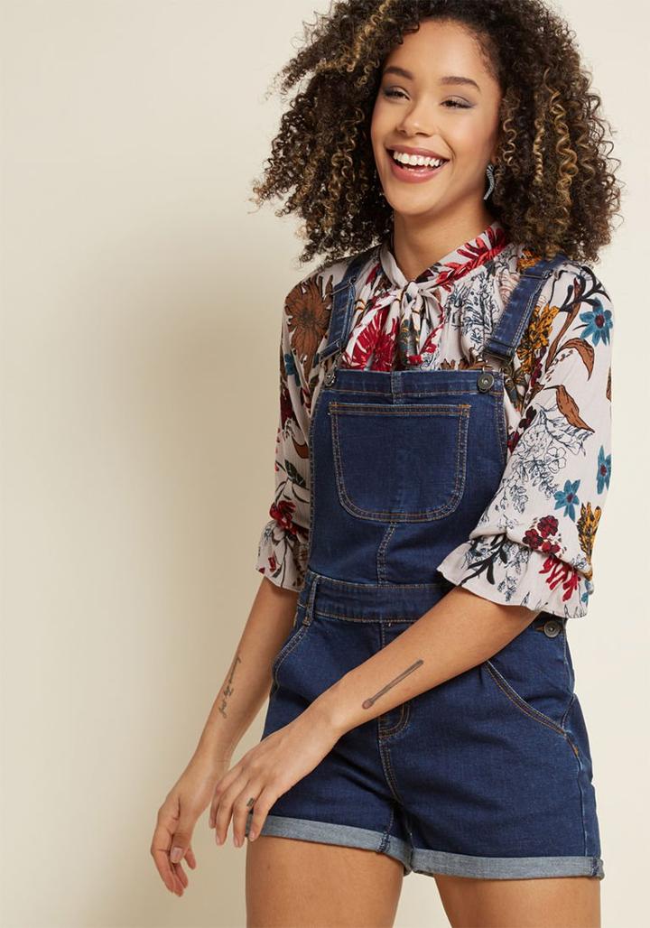 Modcloth Make Shortall Work Of It Denim Romper In Dark Wash In Xs