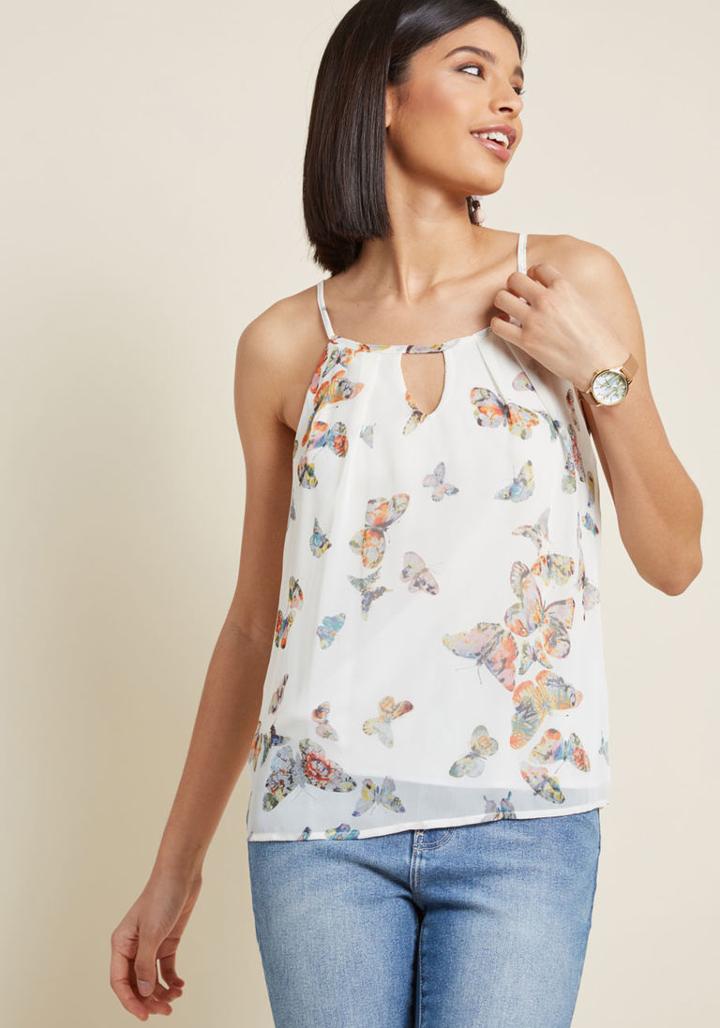 Modcloth Spaghetti Strap Chiffon Keyhole Tank Top In Butterflies In 1x