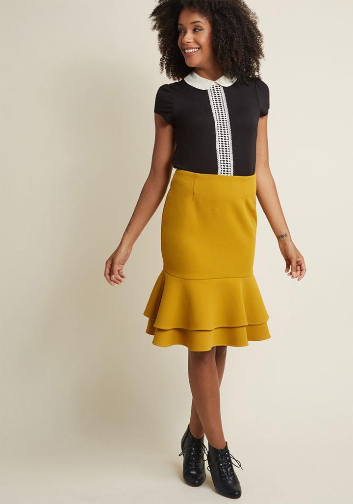 Modcloth Tiered Ruffle Pencil Skirt In Marigold In 2x