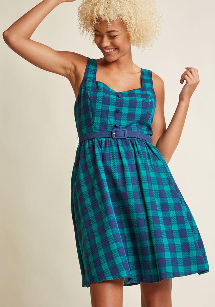 Modcloth Biking Through Brussels A-line Dress In Pine Plaid In Xxs