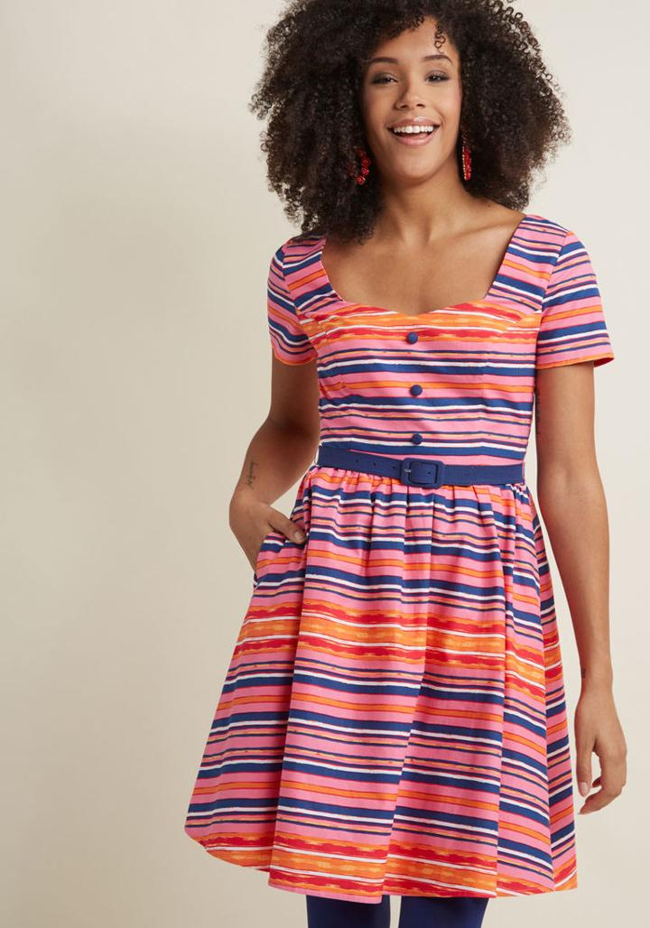 Modcloth Cycling In Seville Fit And Flare Dress In Stripes In S