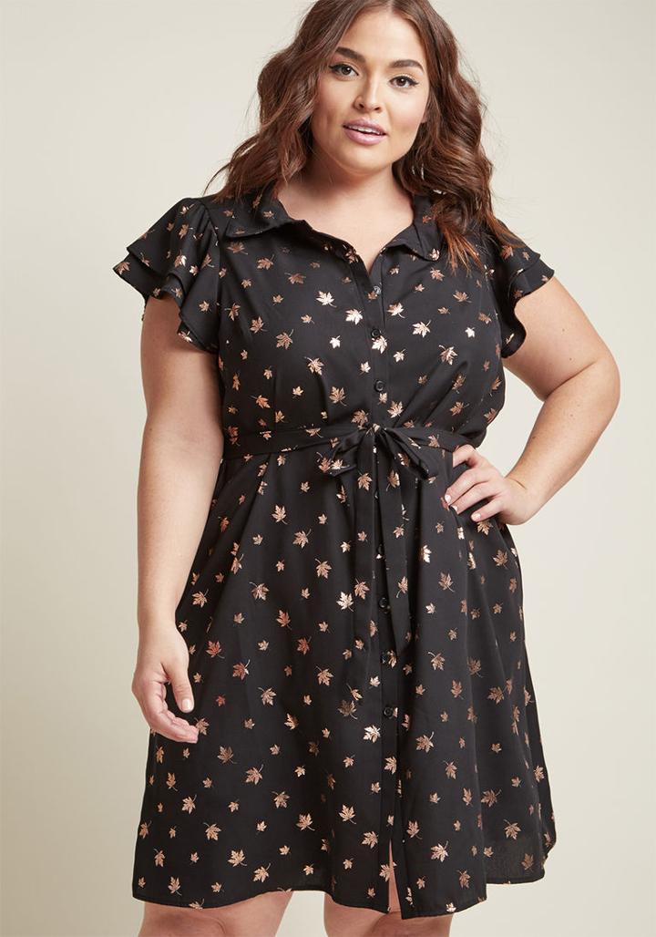 Modcloth Flutter Sleeve Collared Shirt Dress In Black Leaf In 1x