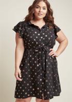 Modcloth Flutter Sleeve Collared Shirt Dress In Black Leaf In 1x
