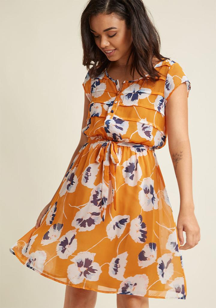 Modcloth A-line Chiffon Shirt Dress In Goldenrod Bloom