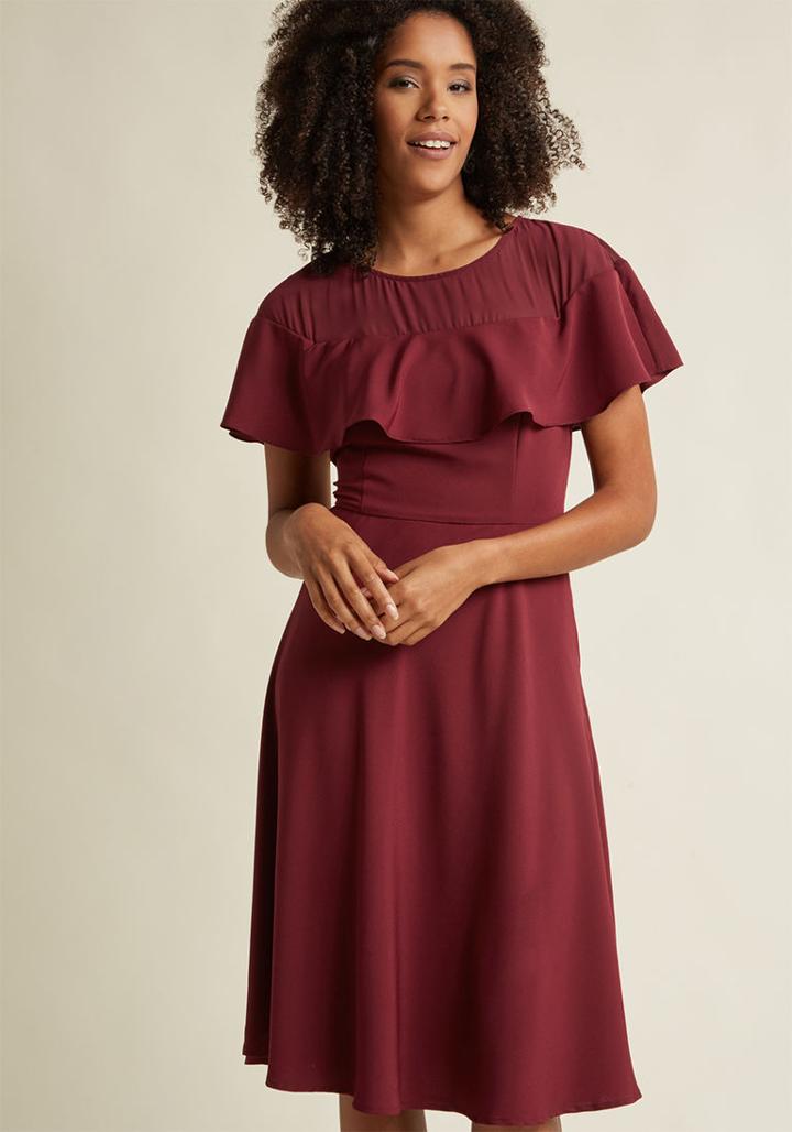 Modcloth Illusion Ruffle Midi Dress In Merlot In Xs