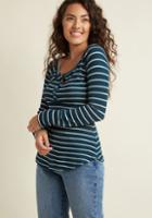 Modcloth Waffle Knit Henley Top In Striped Teal In Xs