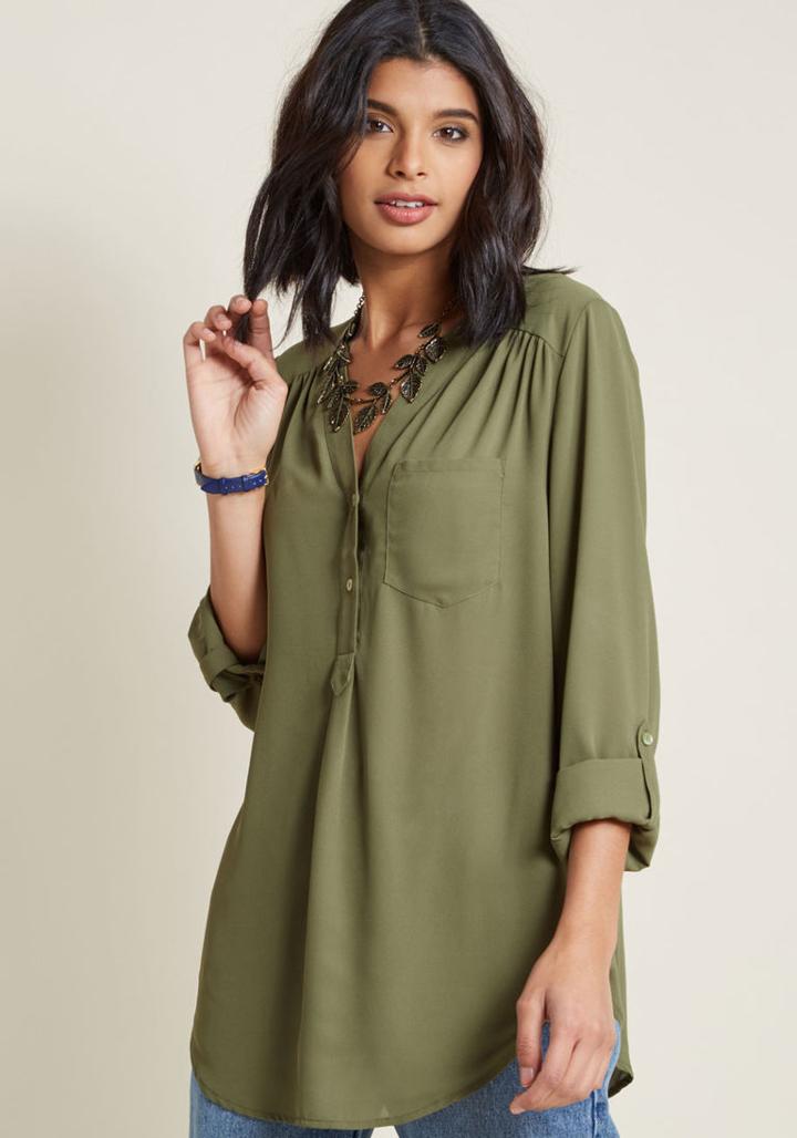 Modcloth Pam Breeze-ly Long Sleeve Tunic In Olive In 3x