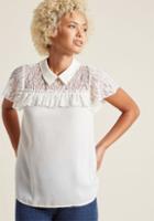 Modcloth Collared Top With Lace Shoulders In Ivory In 1x