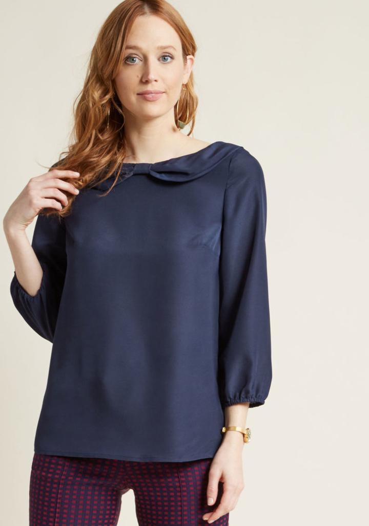 Modcloth Chiffon Blouse With Bow-detailed Collar In Navy In Xs